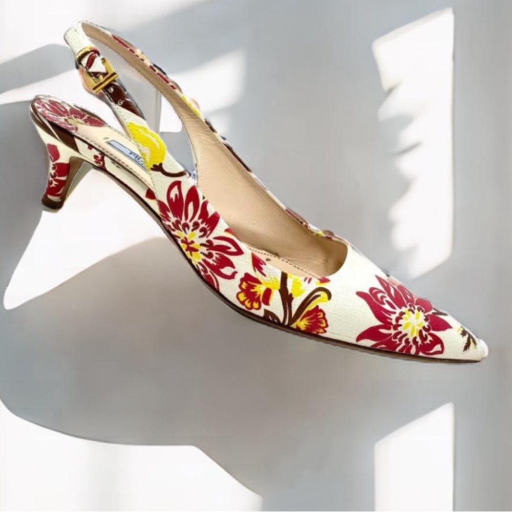 NIB Prada Cream Leather 2" Kitten Heel Slingbacks w/ Flower Pattern | EU 39